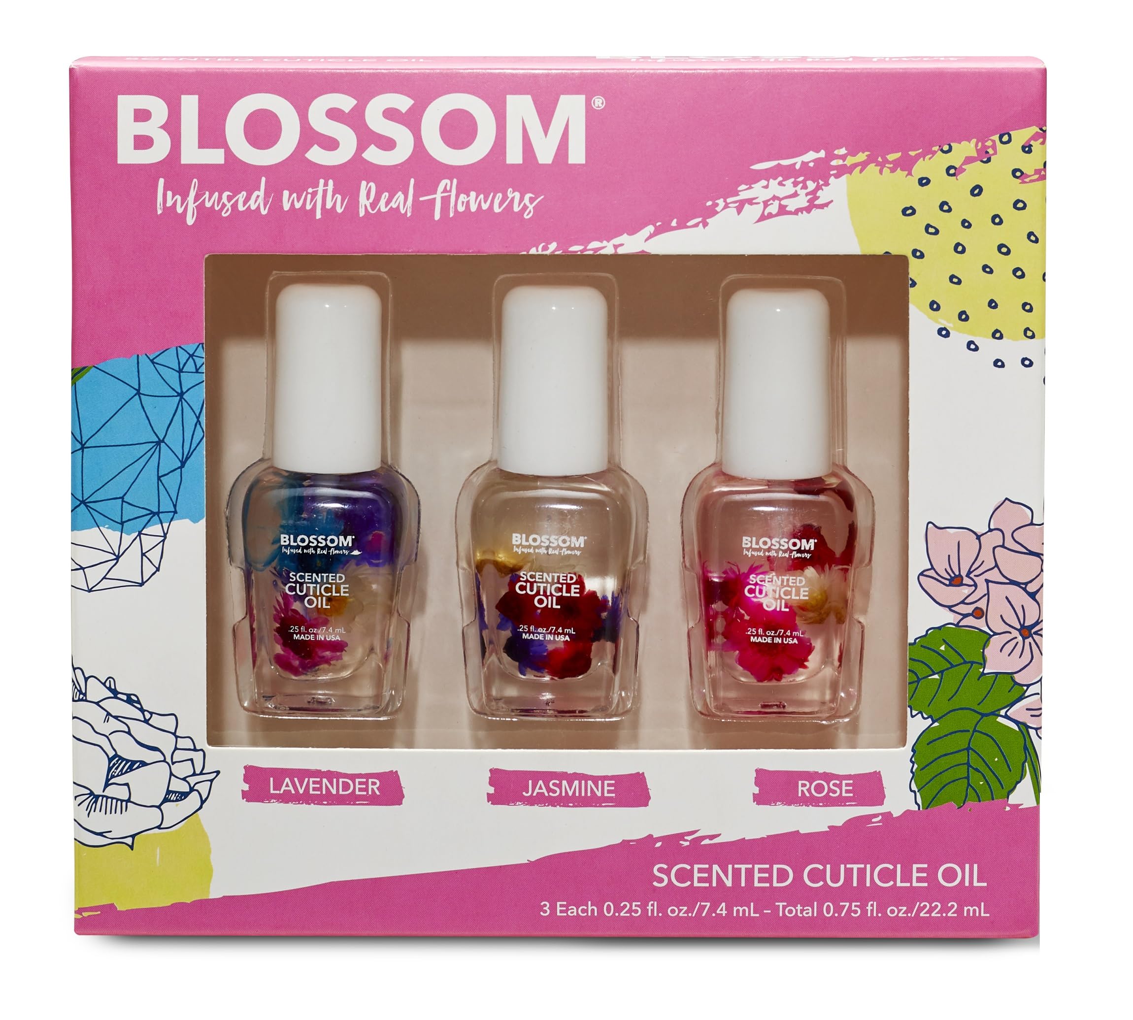 Huile cuticulaire Blossom avec fleurs sèches dans la bouteille, soin hydratant.