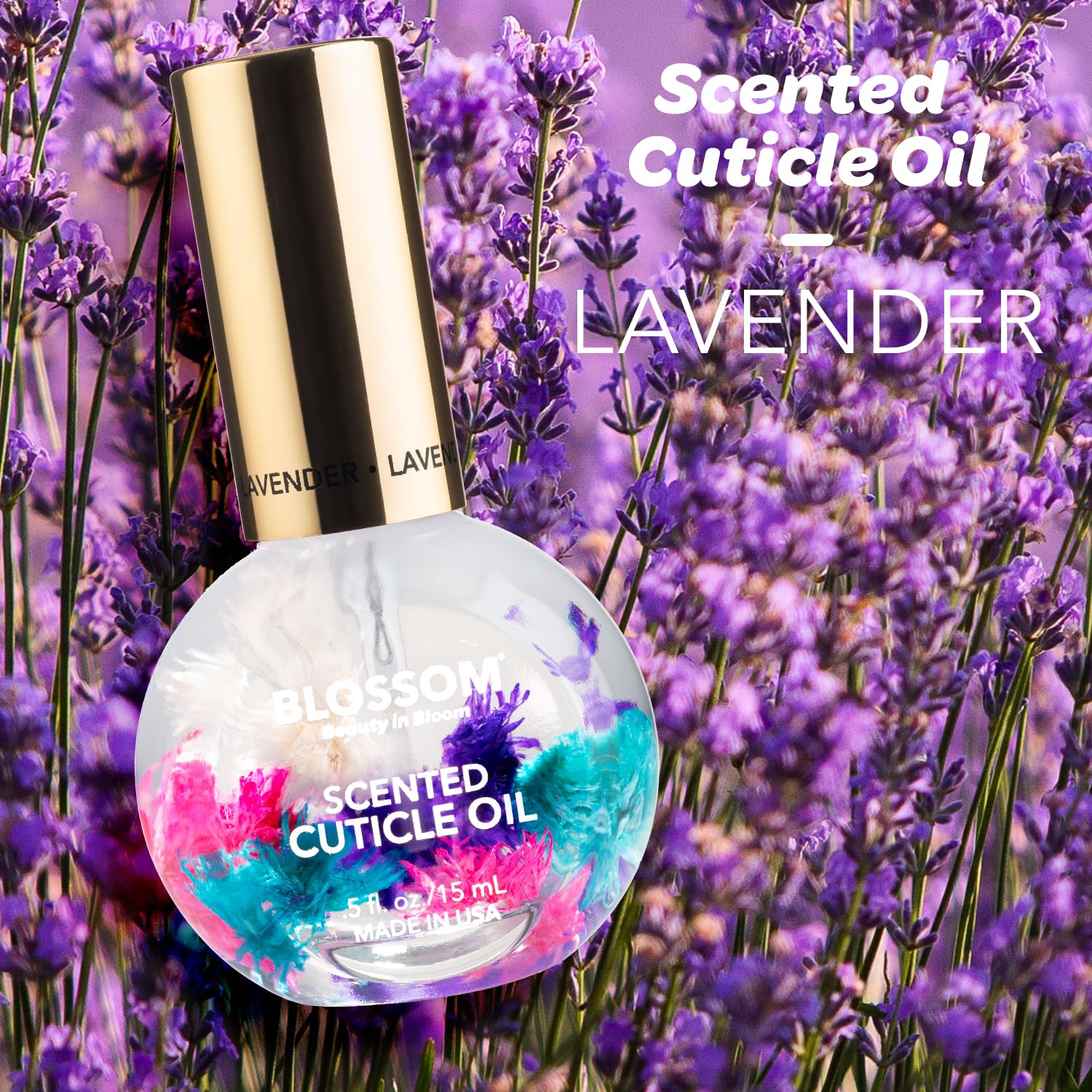 Bouteille Blossom huile cuticulaire lavande prête à l'application.