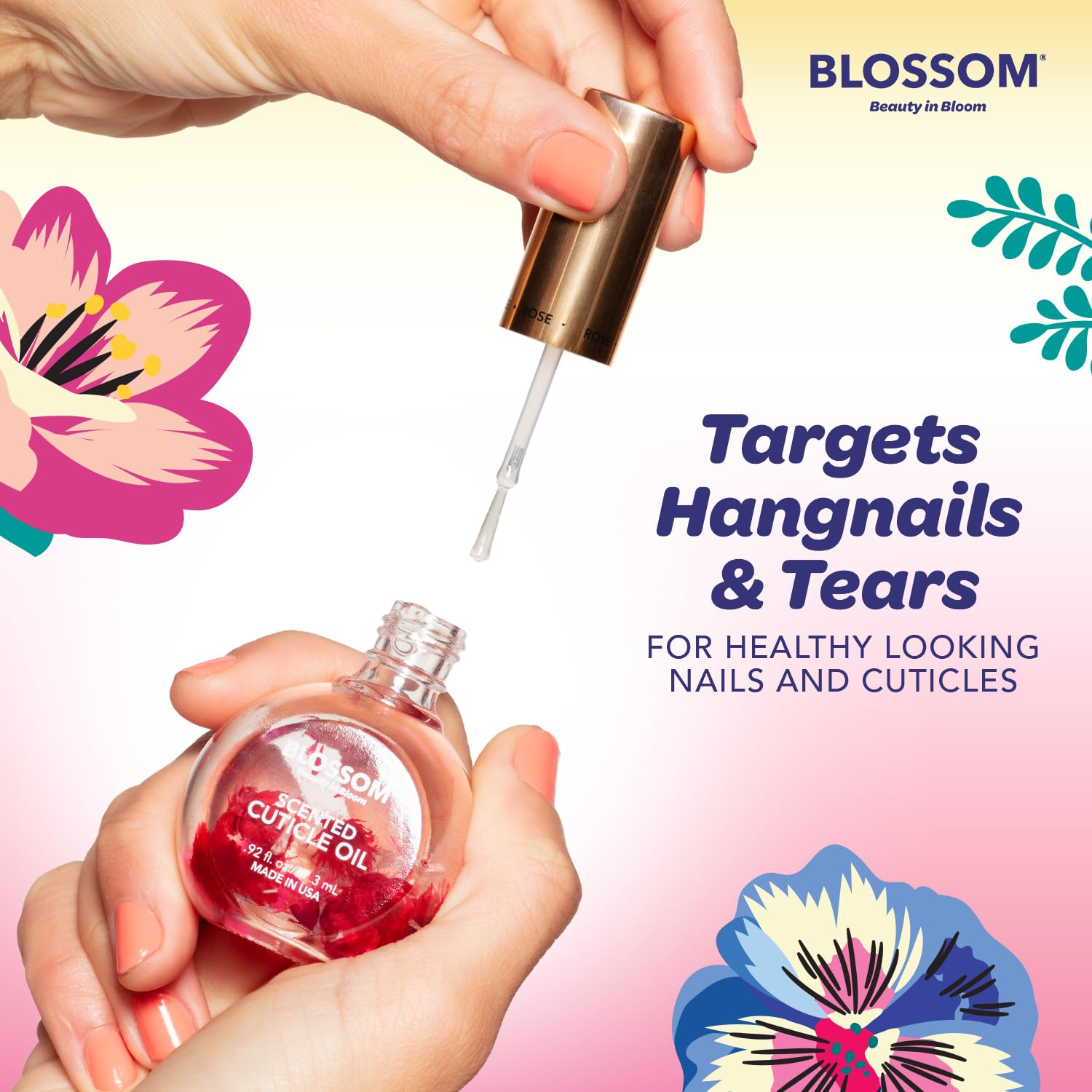 Blossom huile cuticule fleurs-reelles-infusees beauté naturelle grâce aux fleurs réelles sur les ongles.