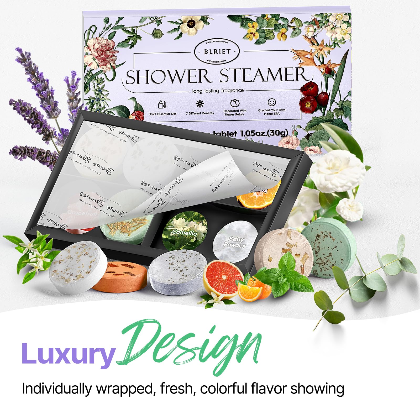 BLRIET sachets aromathérapie douche – sept parfums variés pour relaxation.