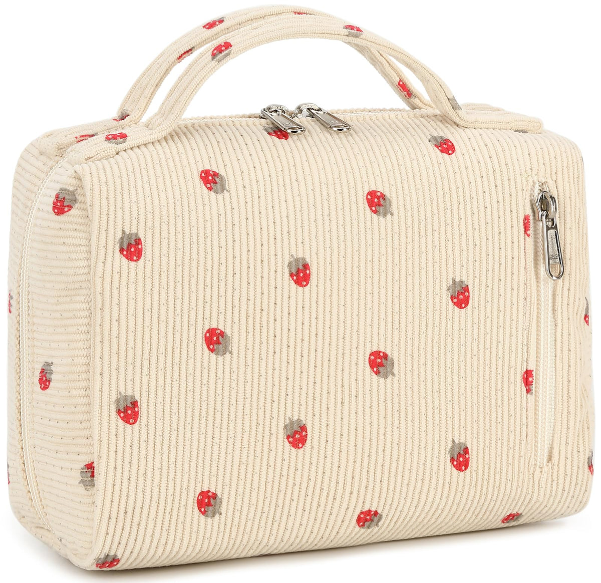 Bluboon sac-maquillage velours-cotele fraise-beige, rangement élégant en voyage.