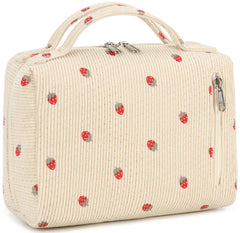 Bluboon sac-maquillage velours-cotele fraise-beige, rangement élégant en voyage.