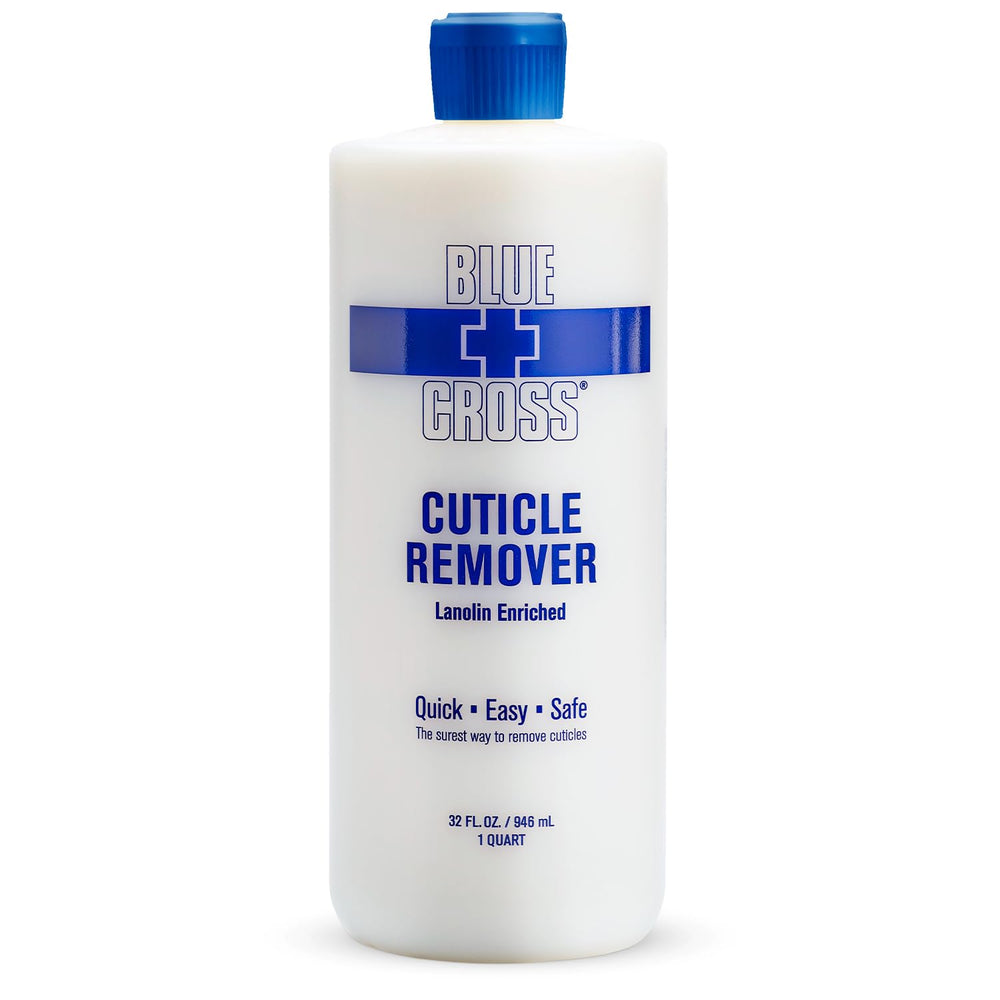 Blue Cross Cuticle Remover bottle closeup for salon-grade prep