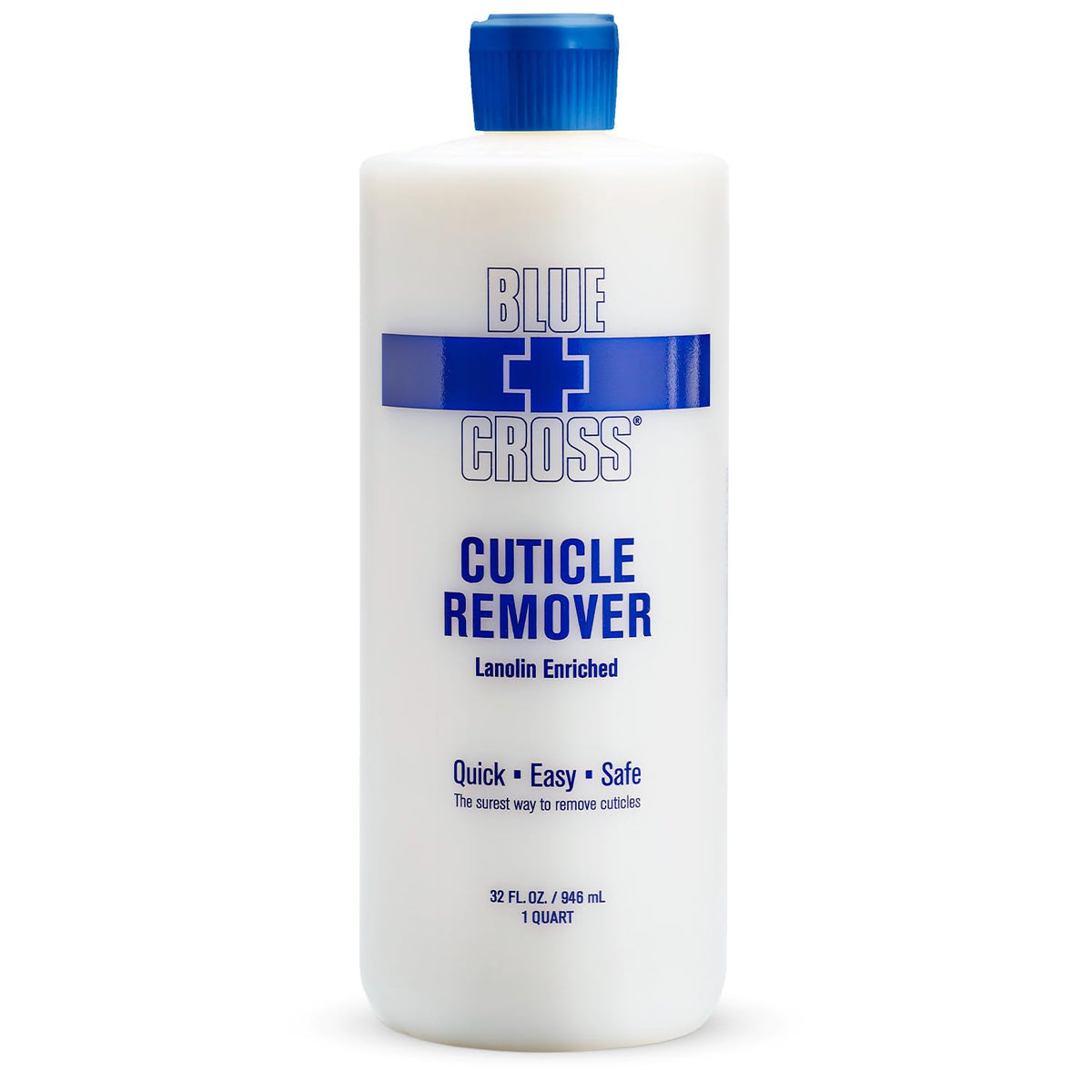 Blue Cross Cuticle Remover bottle closeup for salon-grade prep