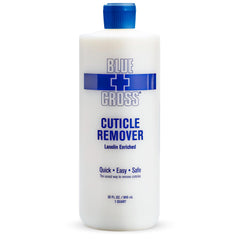 Blue Cross Cuticle Remover bottle closeup for salon-grade prep
