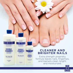 Blue Cross Cuticle Remover liquid on cuticles for softening