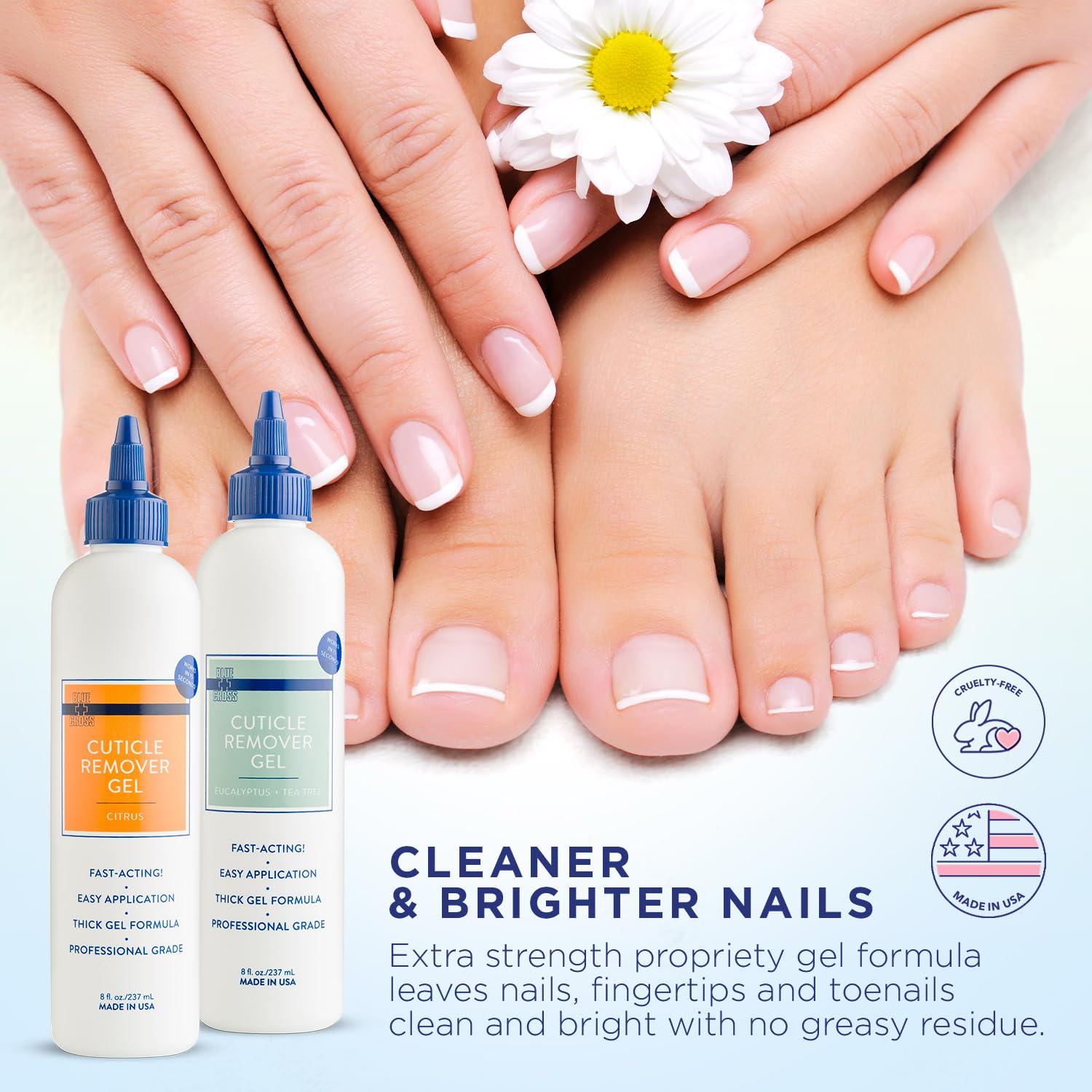 Blue Cross senteur agrumes — bouteille avec parfum frais et cuticules nettes.