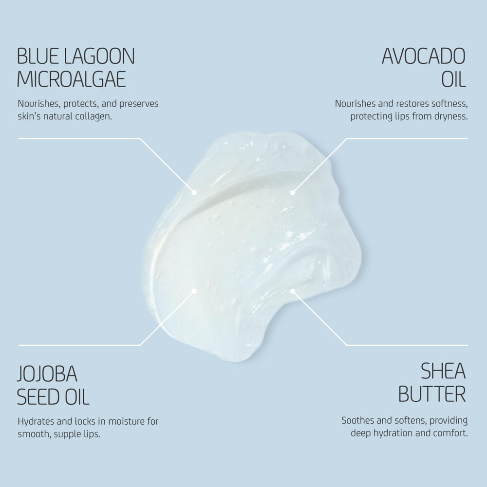 Blue Lagoon Lip Balm en action sur les lèvres, résultat hydraté et pulpeux.