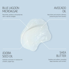 Blue Lagoon Lip Balm en action sur les lèvres, résultat hydraté et pulpeux.