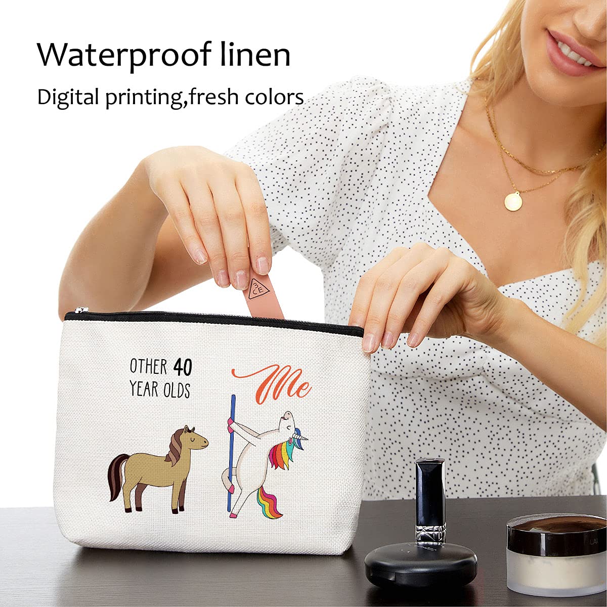 Blue Leaves sac maquillage imprimé double-face, idéal pour voyages et retouches