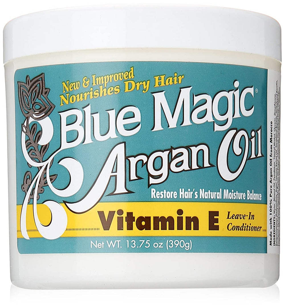 Blue Magic huile d'argan sans rinçage en bouteille bleue pour hydrater les cheveux.