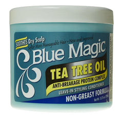 Blue Magic Tea Tree Leave-In, bouteille, démêlage facile et brillance naturelle.
