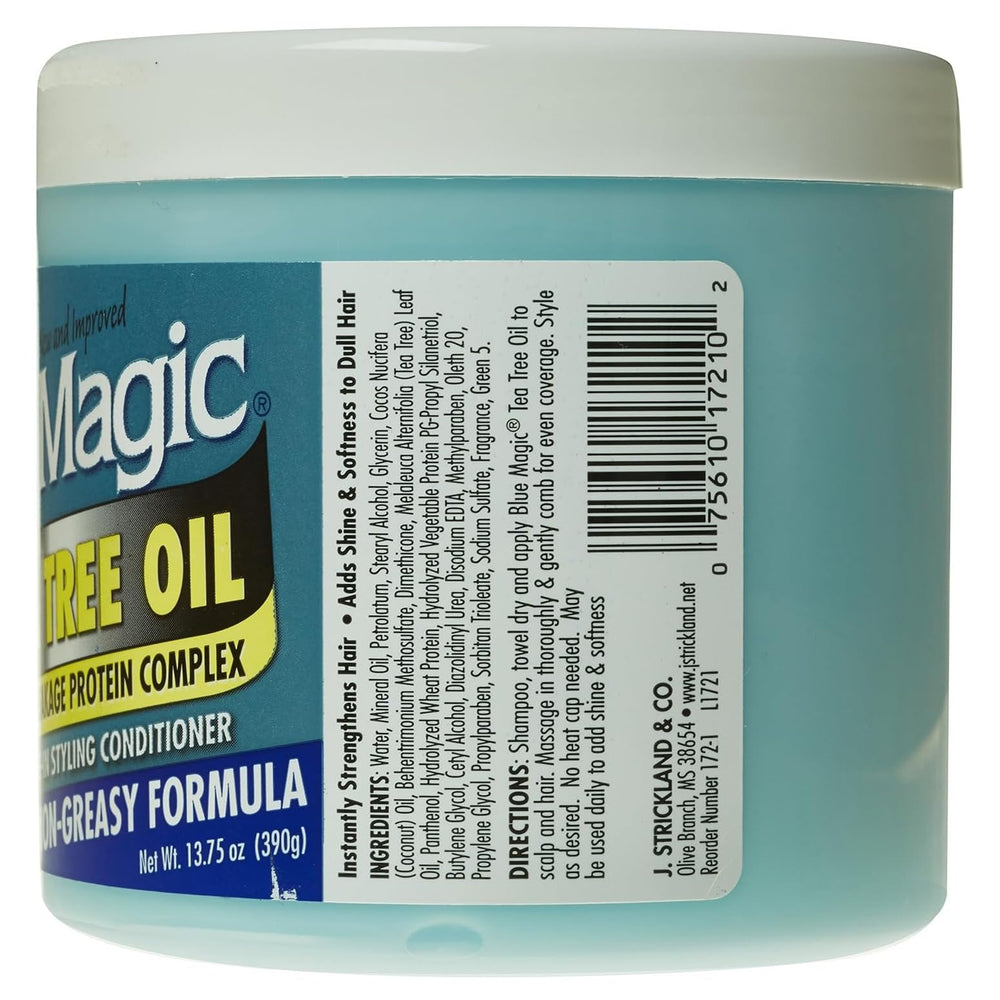 Blue Magic Tea Tree Leave-In, texture crèmeuse pour une hydratation légère.