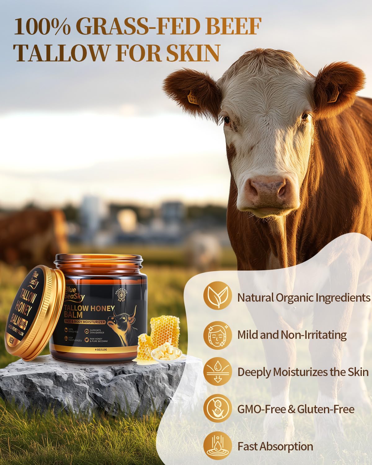 Blue Sea Sky honey, beeswax, and jojoba oil blend nourishes skin.