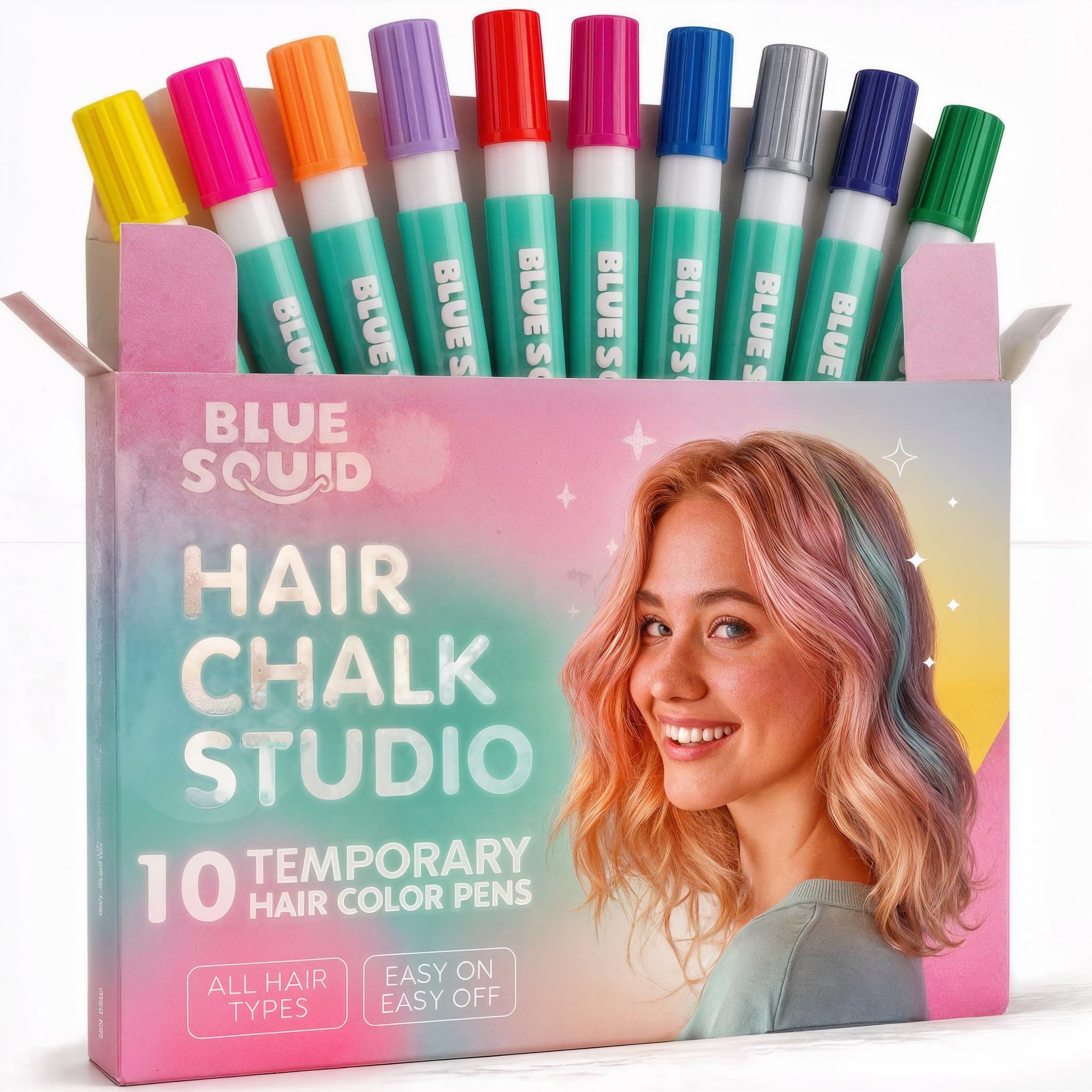 Blue Squid Stylo Chalk Cheveux – ensemble coloré pour looks temporaires et festifs.
