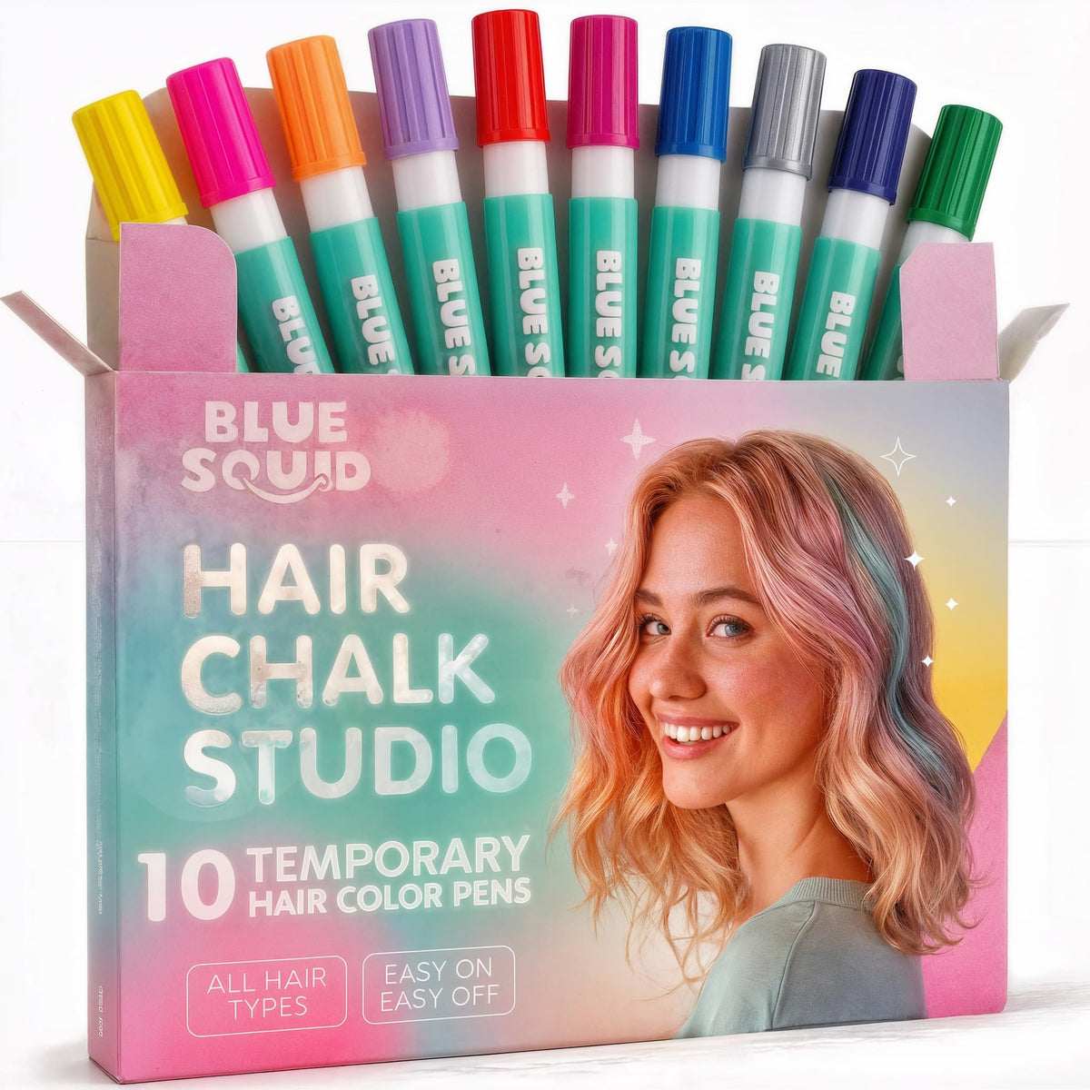 Blue Squid Stylo Chalk Cheveux – ensemble coloré pour looks temporaires et festifs.