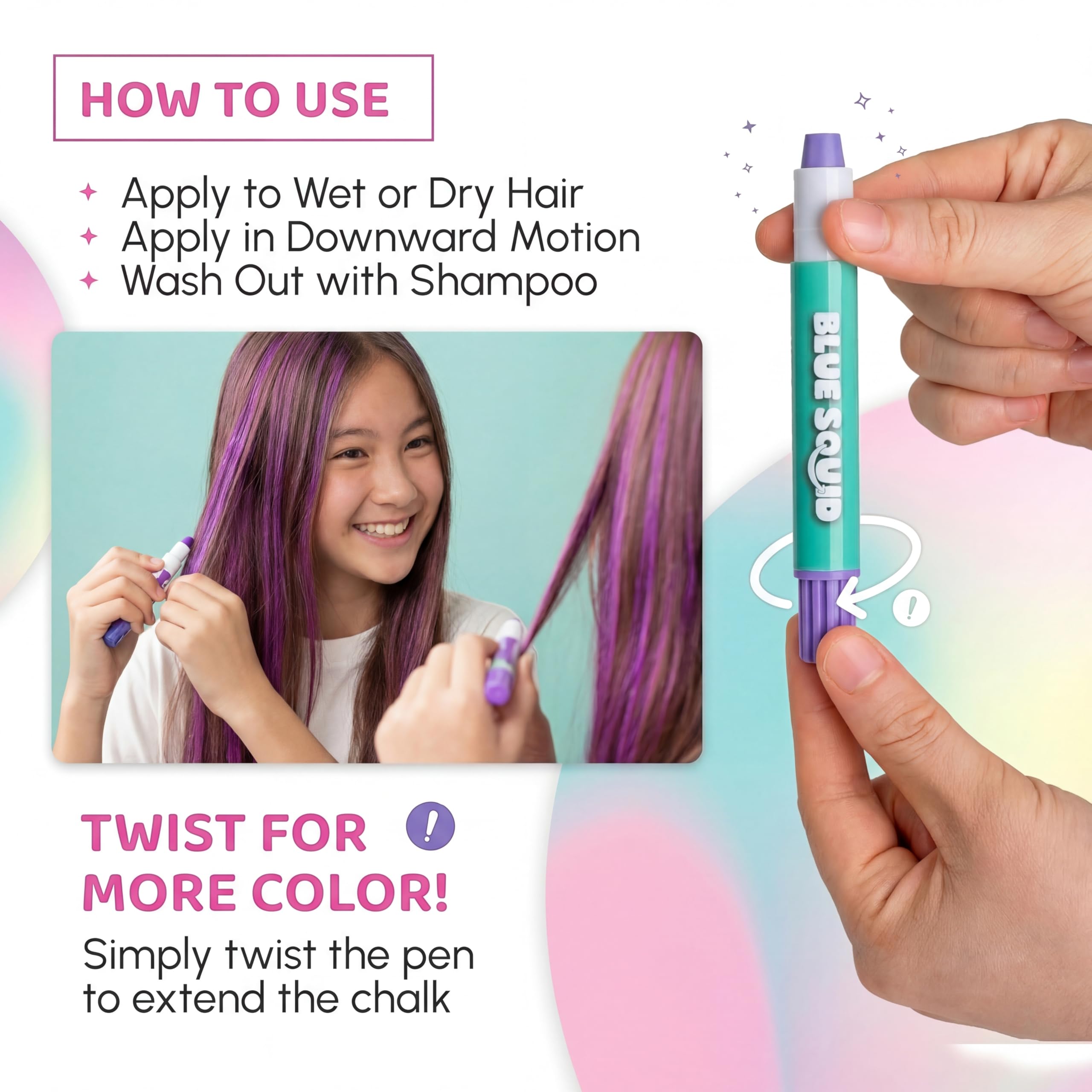 Blue Squid Stylo Chalk Cheveux – produit sûr pour enfants et usage familiale.