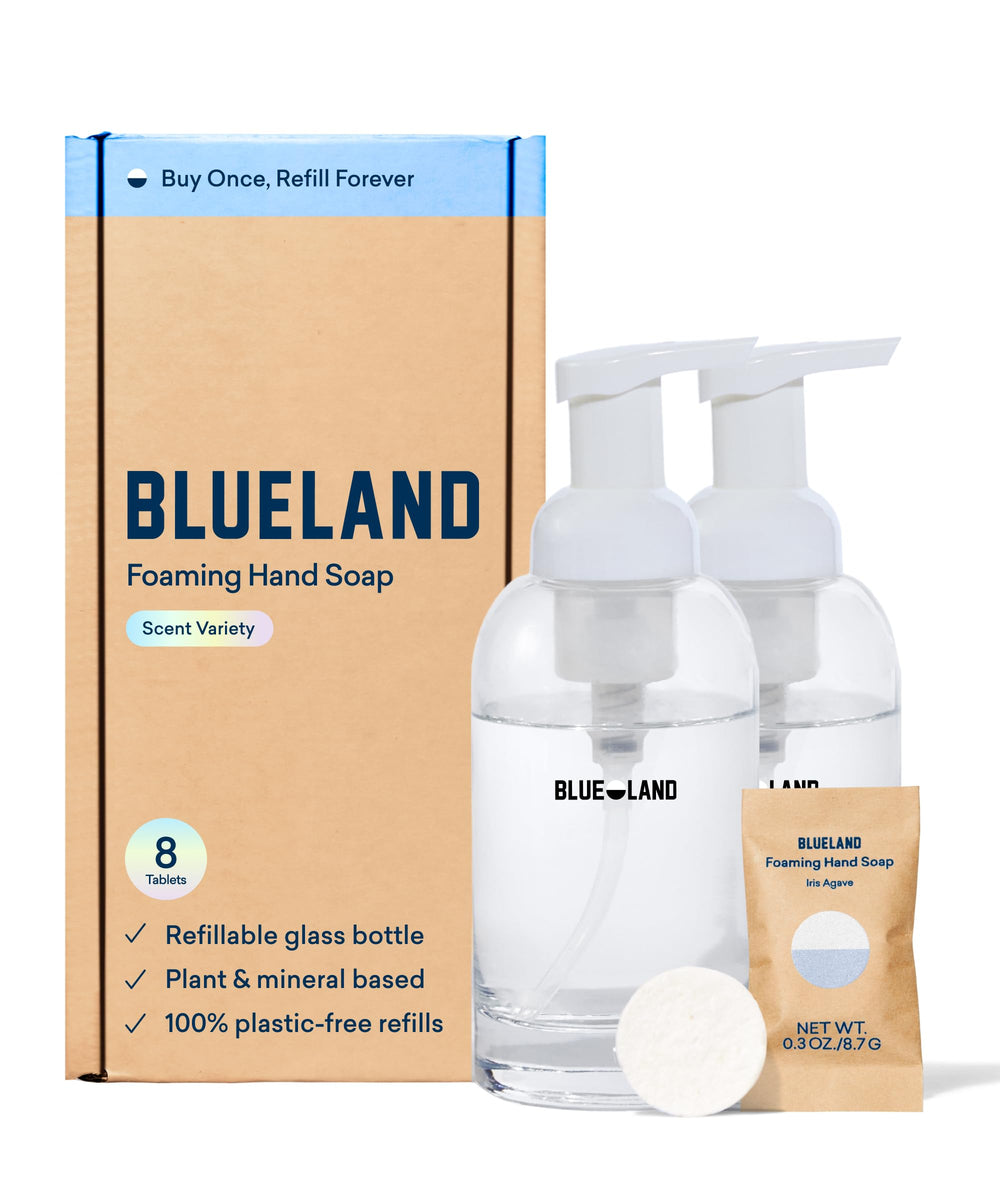 BLUELAND Bouteille en verre réutilisable pour savon mains, pratique et zéro déchet