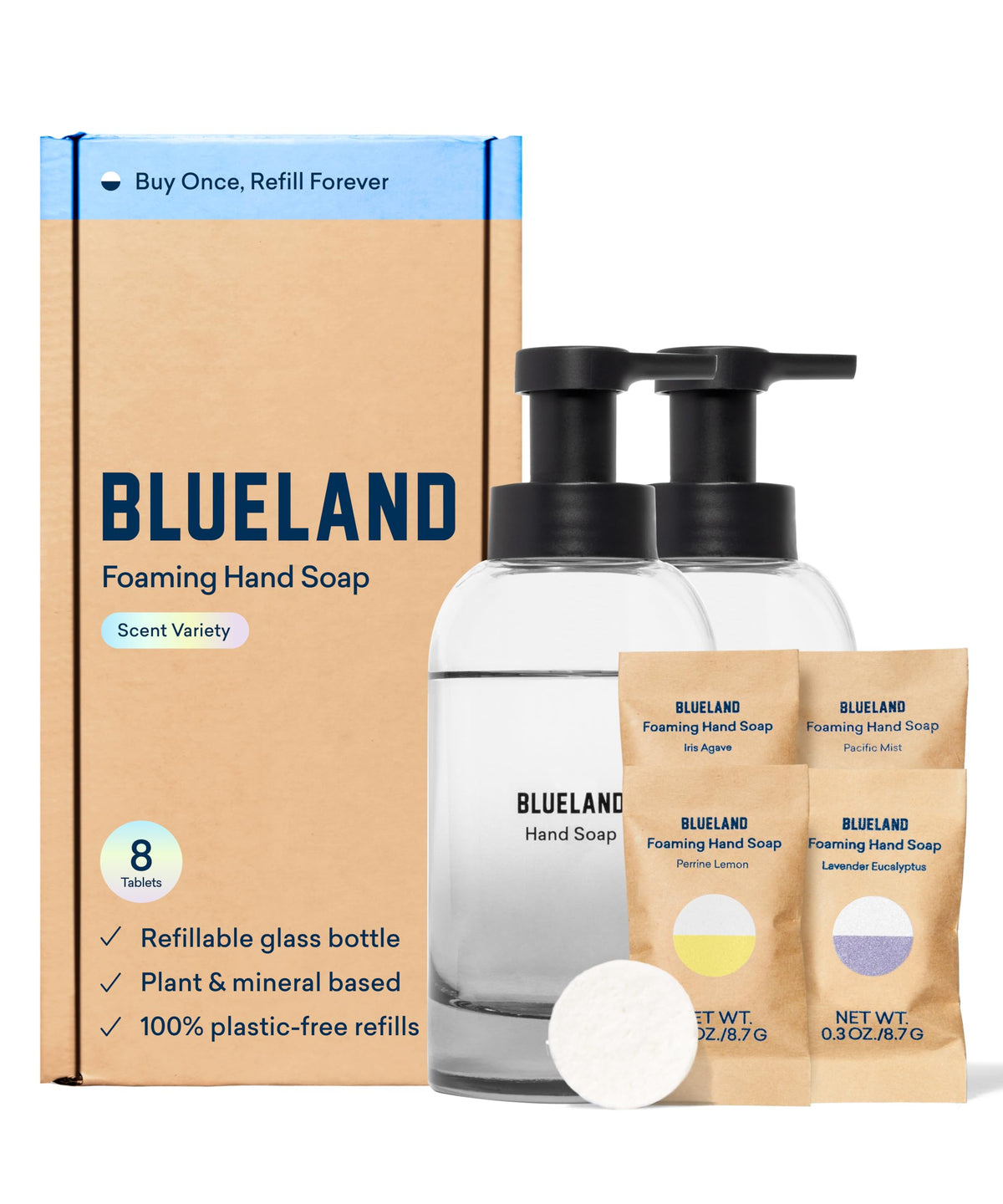 BLUELAND: deux distributeurs en verre réutilisables pour savon moussant, réduction des déchets