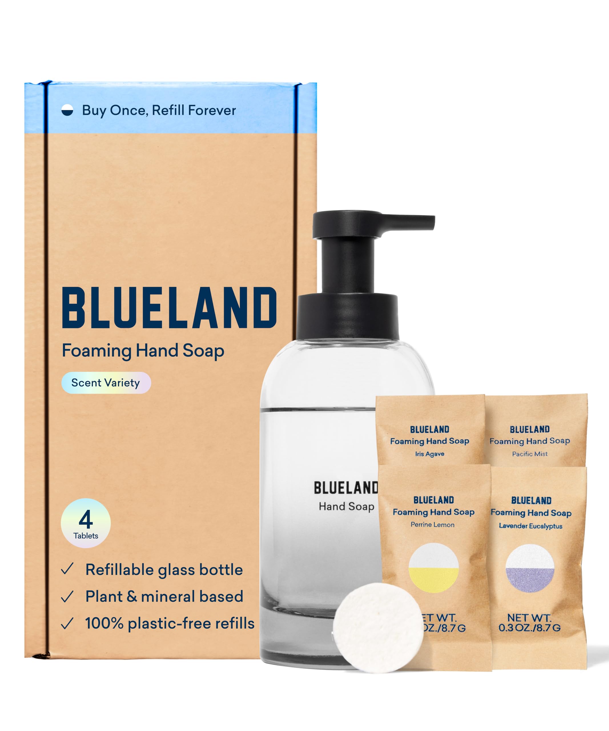 Distributeur BLUELAND en verre ardoise prêt à l’emploi pour savon mains mousse.