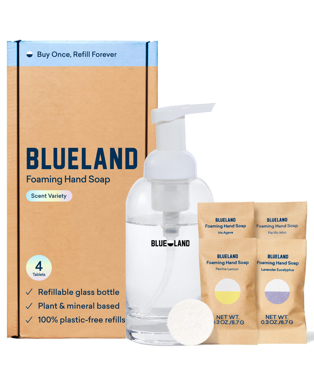 BLUELAND distributeur-verre-mousse, solution réutilisable pour mains propres et durables.
