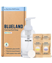 BLUELAND distributeur-verre-mousse, solution réutilisable pour mains propres et durables.