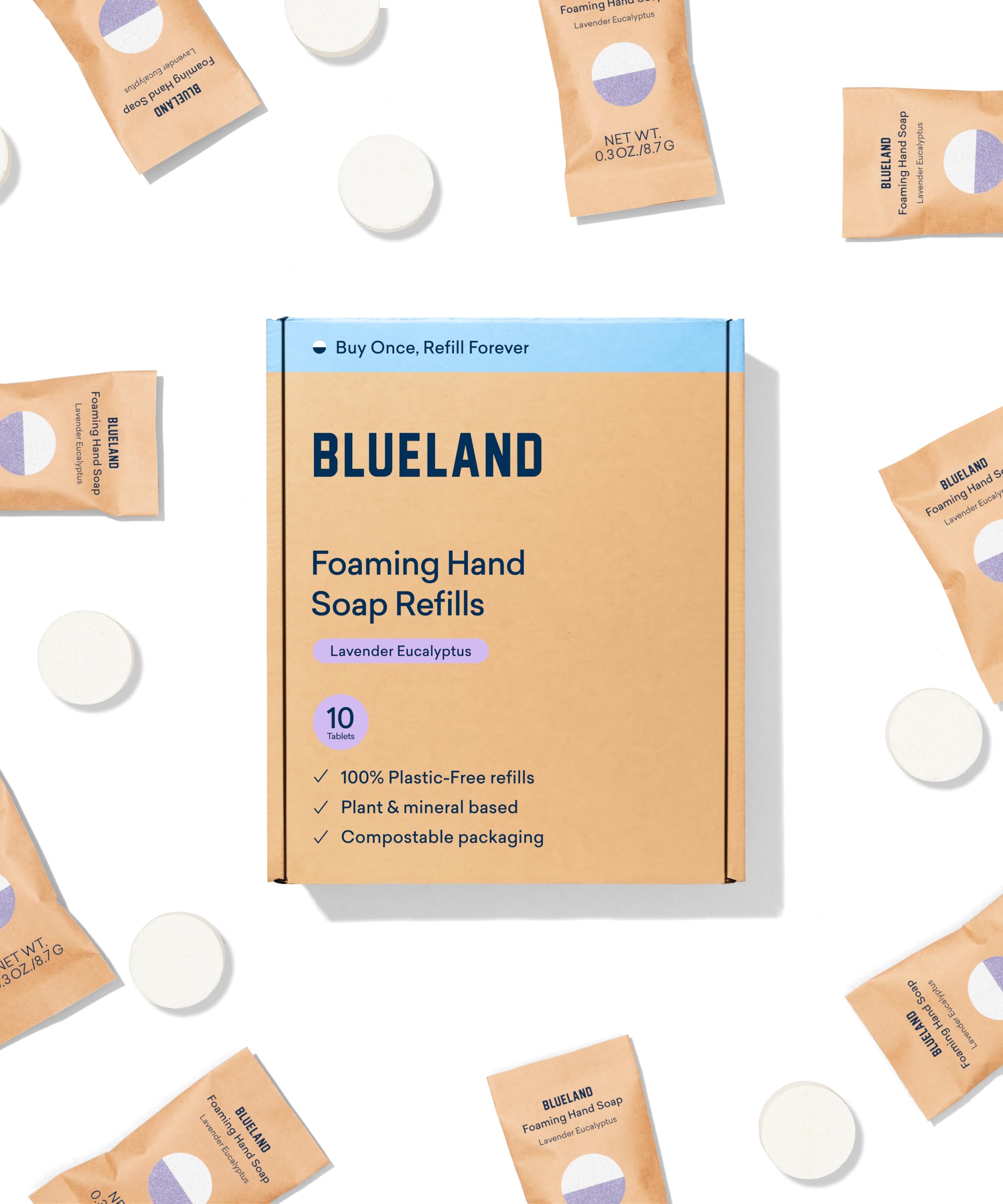 BLUELAND tablettes recharge lavande-eucalyptus pour savon moussant pratique et économique.