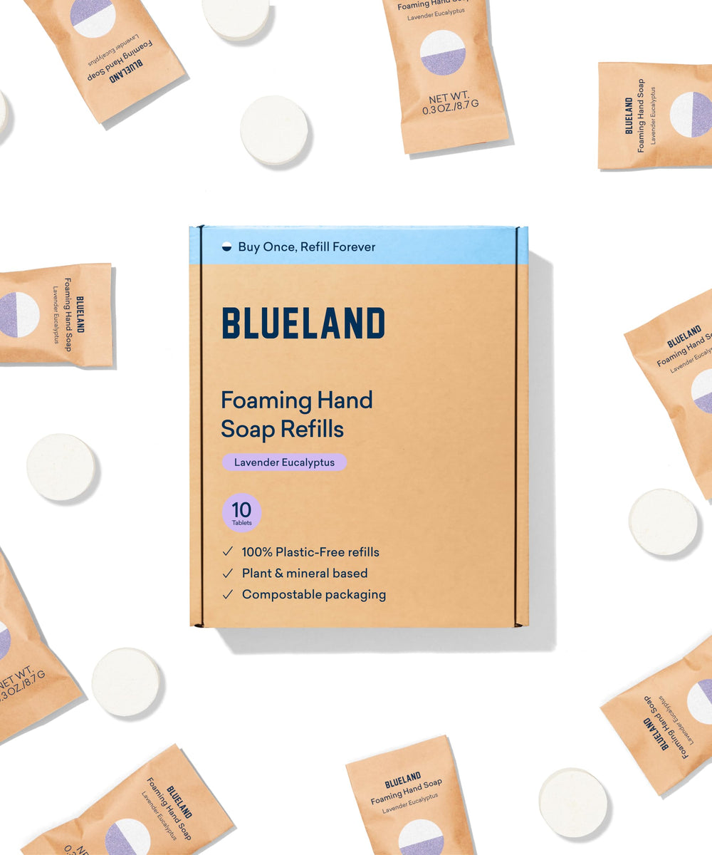 BLUELAND tablettes recharge lavande-eucalyptus pour savon moussant pratique et économique.