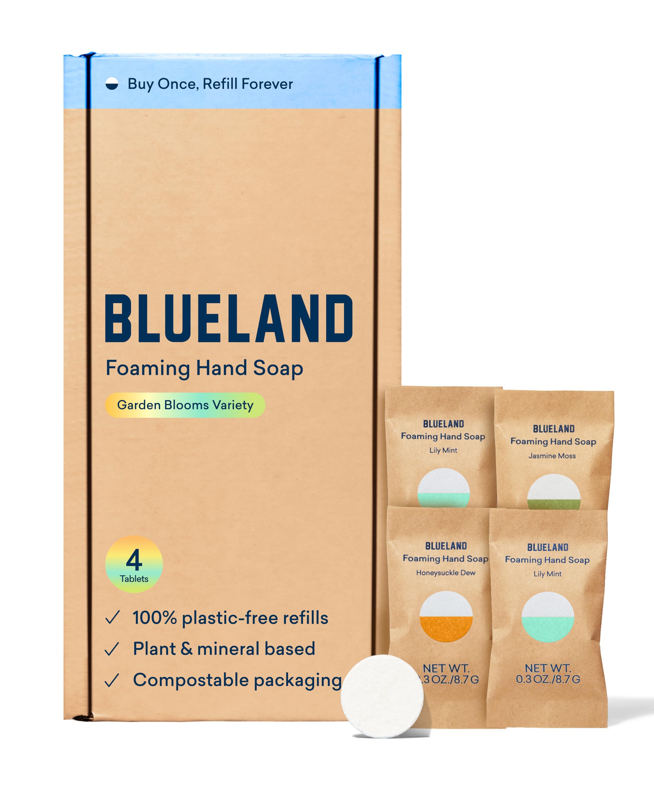 BLUELAND tablettes recharge savon mousse mains, réduction des déchets plastiques.