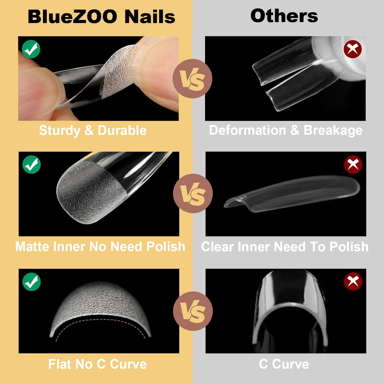 BlueZOO embouts ongles gel texture semi-mate interne, adhérence améliorée
