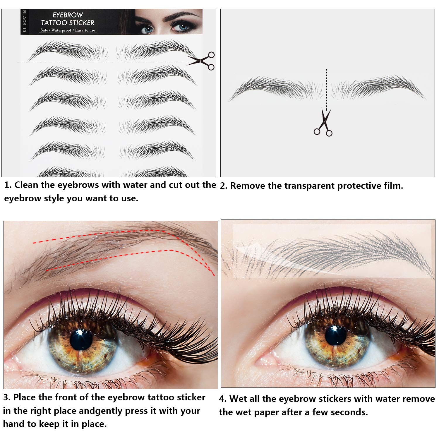 Transferts sourcils Blulu, effet-poil et imperméables pour une fixation durable.