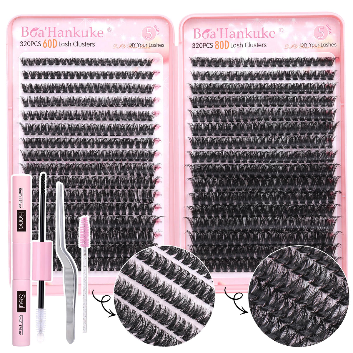 Boahankuke kit-groupes-cils : ensemble complet pour des extensions à domicile faciles.