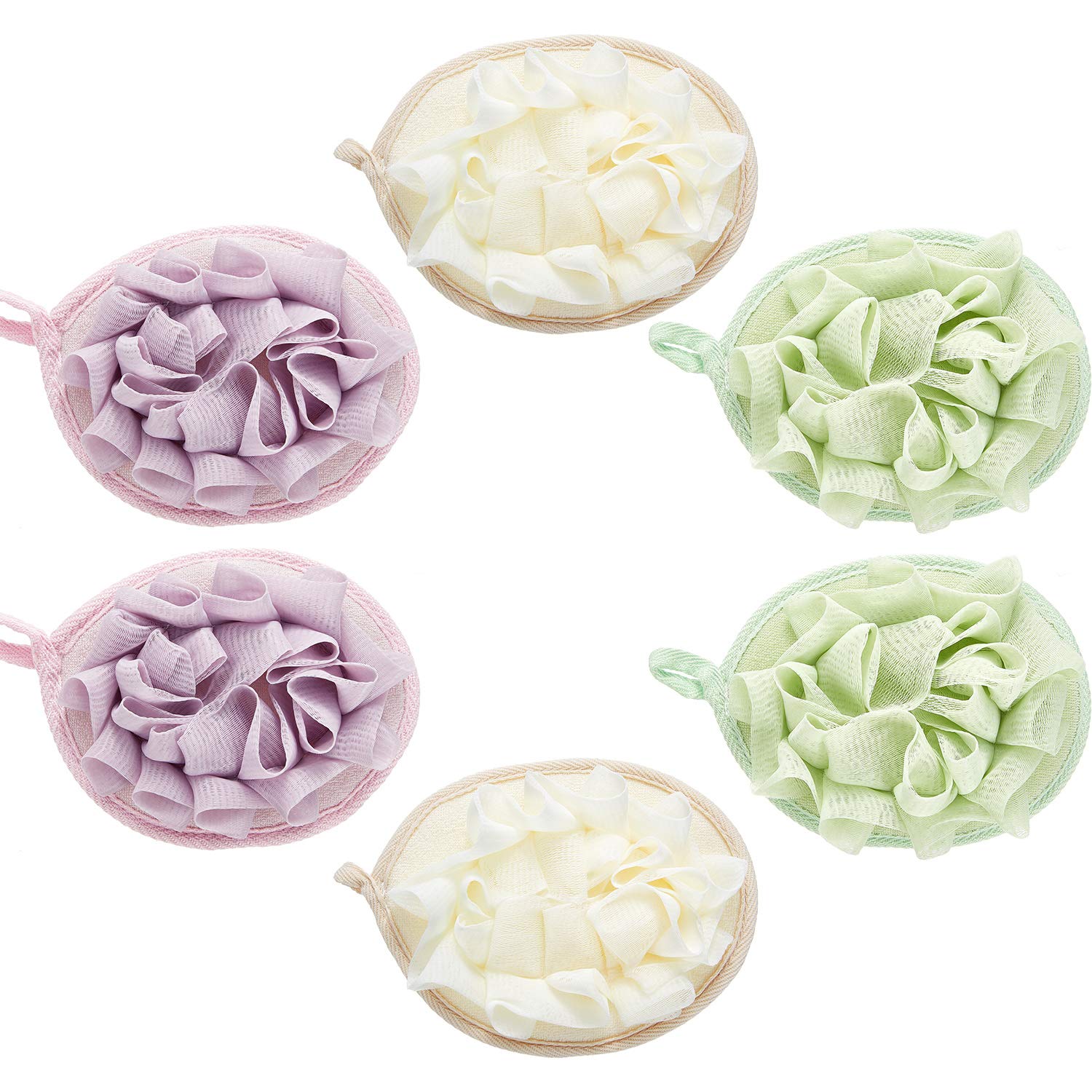 Boao pouf douche beige avec fleur, exfoliation douce et mousse généreuse