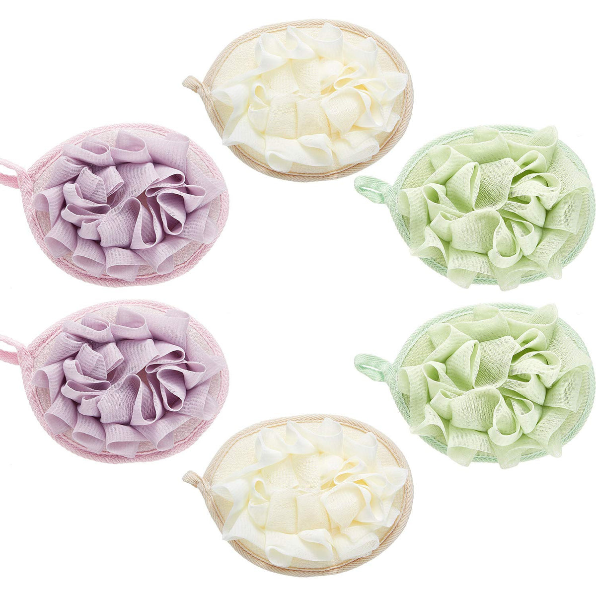 Boao pouf douche beige avec fleur, exfoliation douce et mousse généreuse