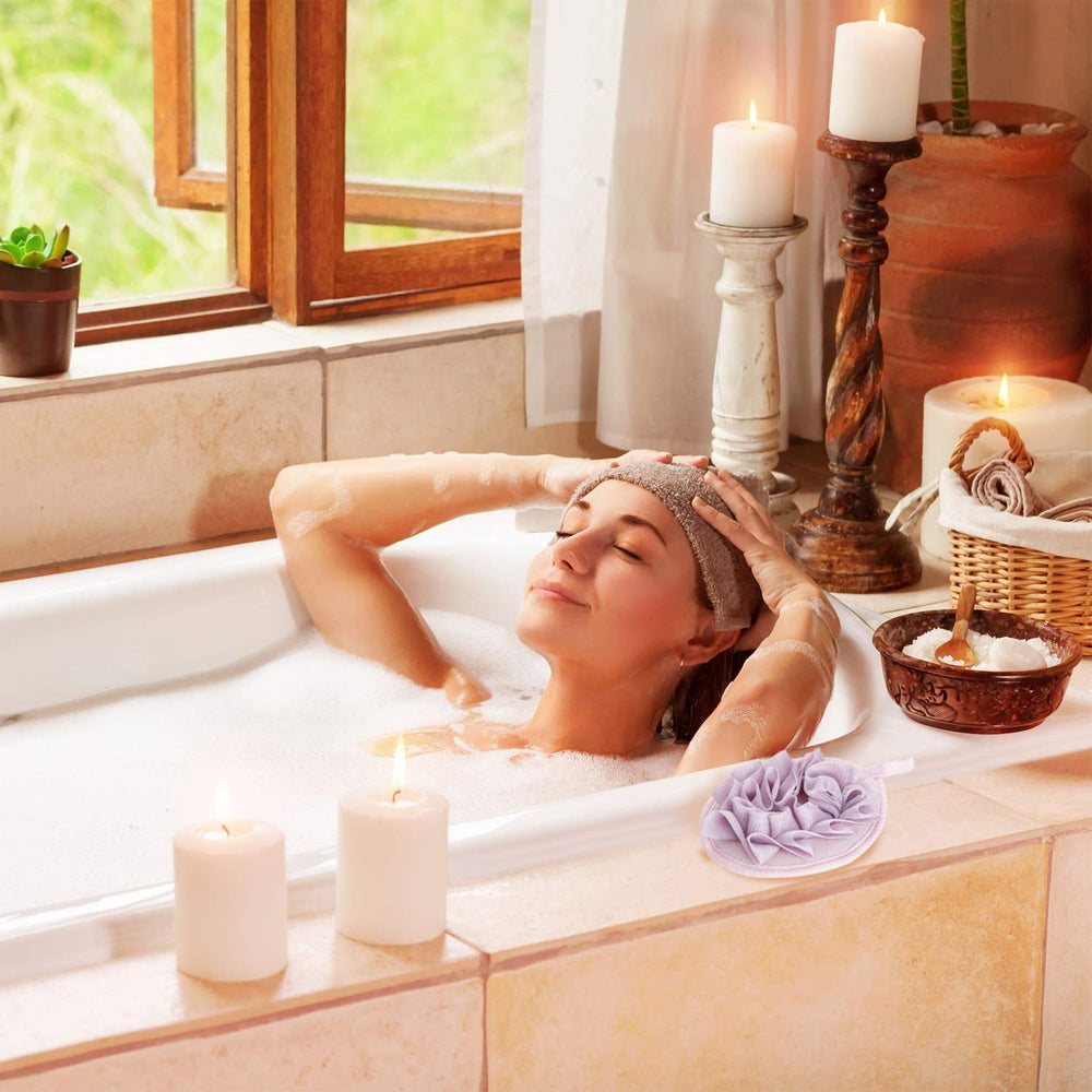 Boao pouf douche avec fleur violet, rituel relaxant et efficace