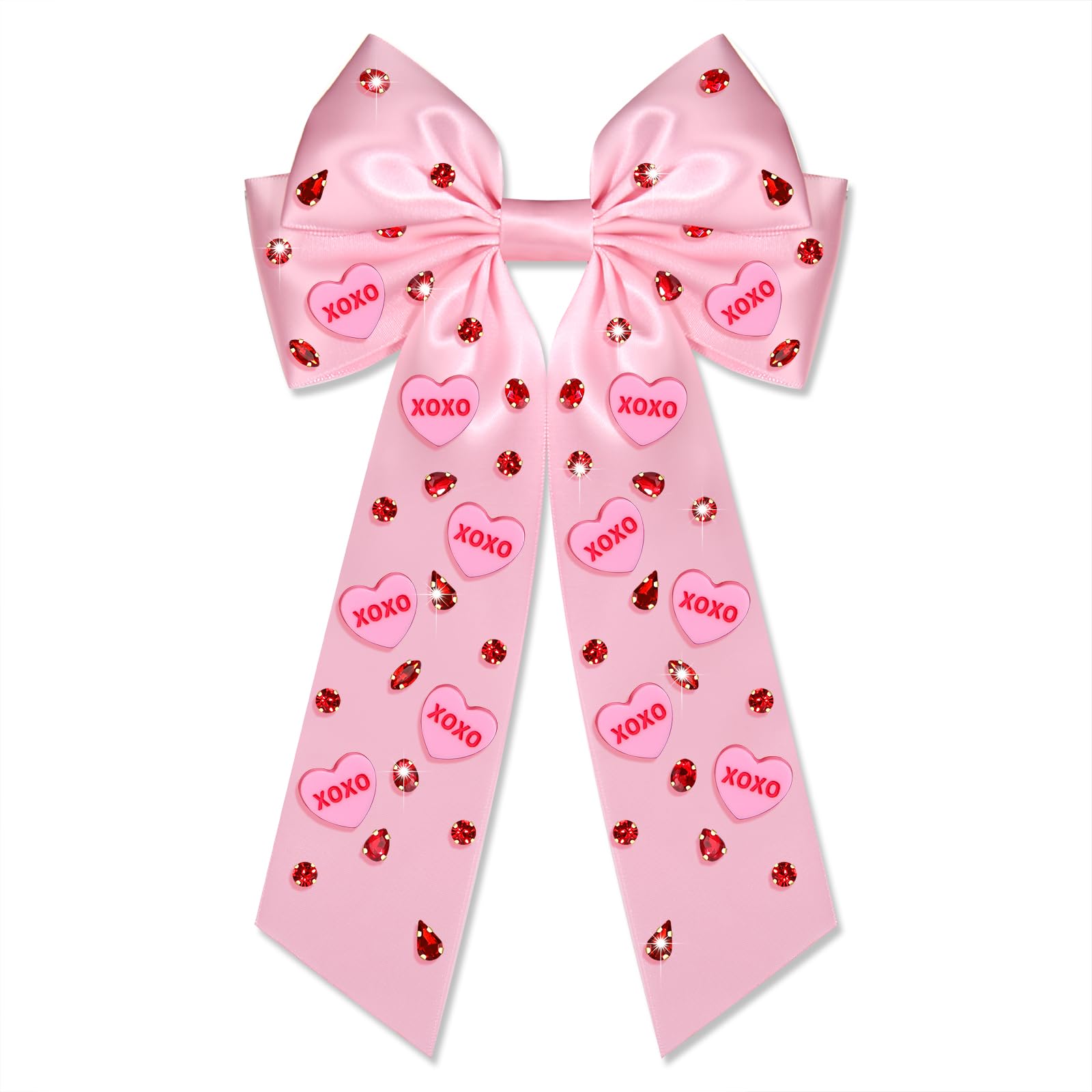 Noeud Boderier satin rose avec coeur XOXO et paillettes, pour un look romantique.