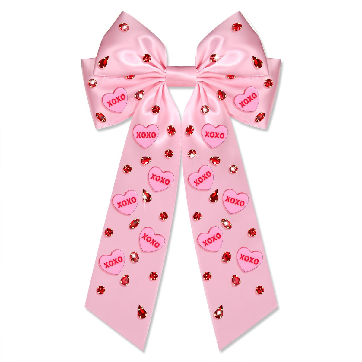 Noeud Boderier satin rose avec coeur XOXO et paillettes, pour un look romantique.