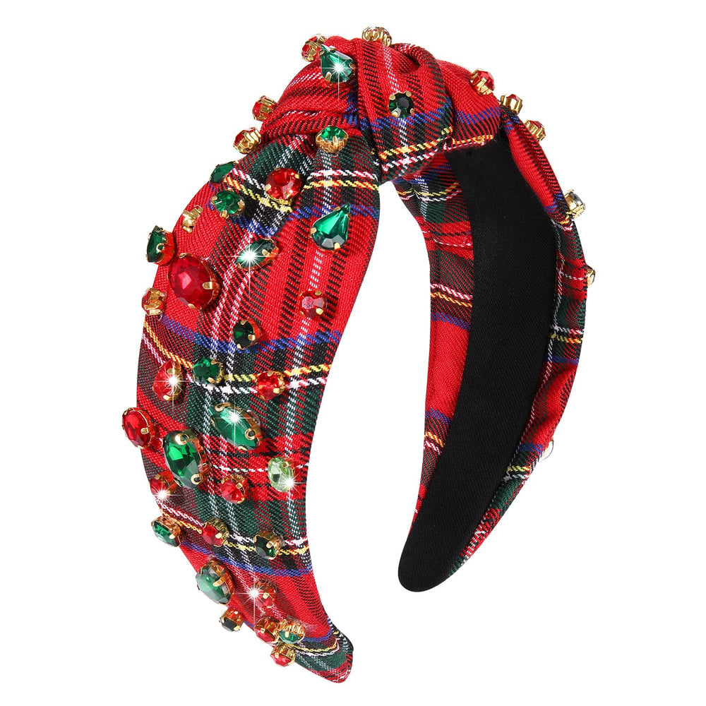 Serre-tete Boderier Noel plaid rouge noue, parfait pour fetes.