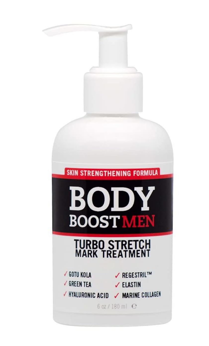 Body Boost Men vergetures bouteille turbo — soin ciblé pour atténuer les vergetures.