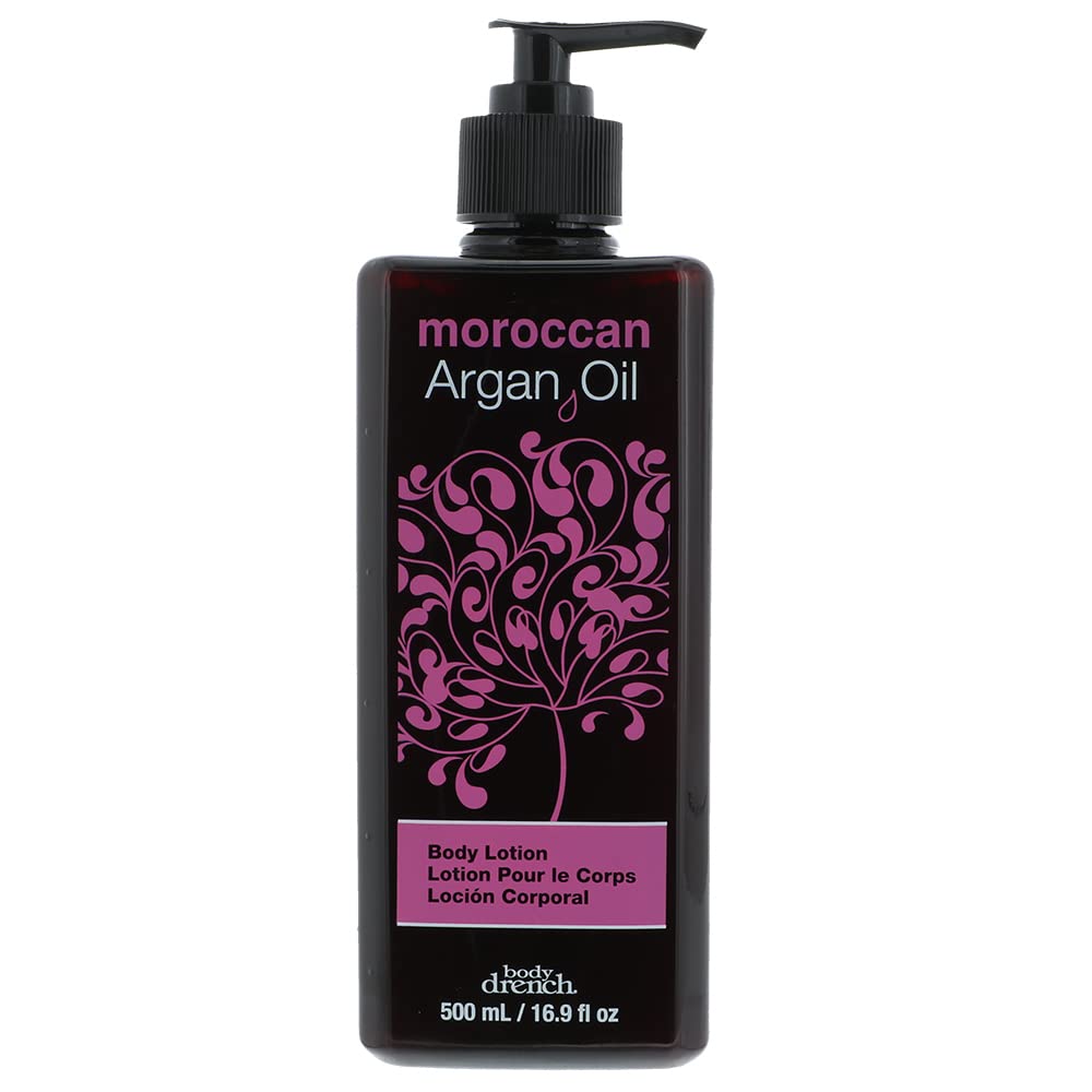 Body Drench Lait argan – pompe visible pour hydratation longue durée.