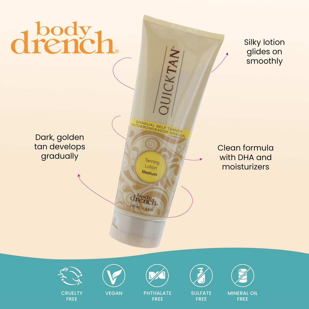 Body Drench Quick Tan offre un fini sans traces et sans odeur.