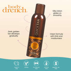 Body Drench QuickTan bronzage naturel moyen à foncé avec fini doré réaliste.