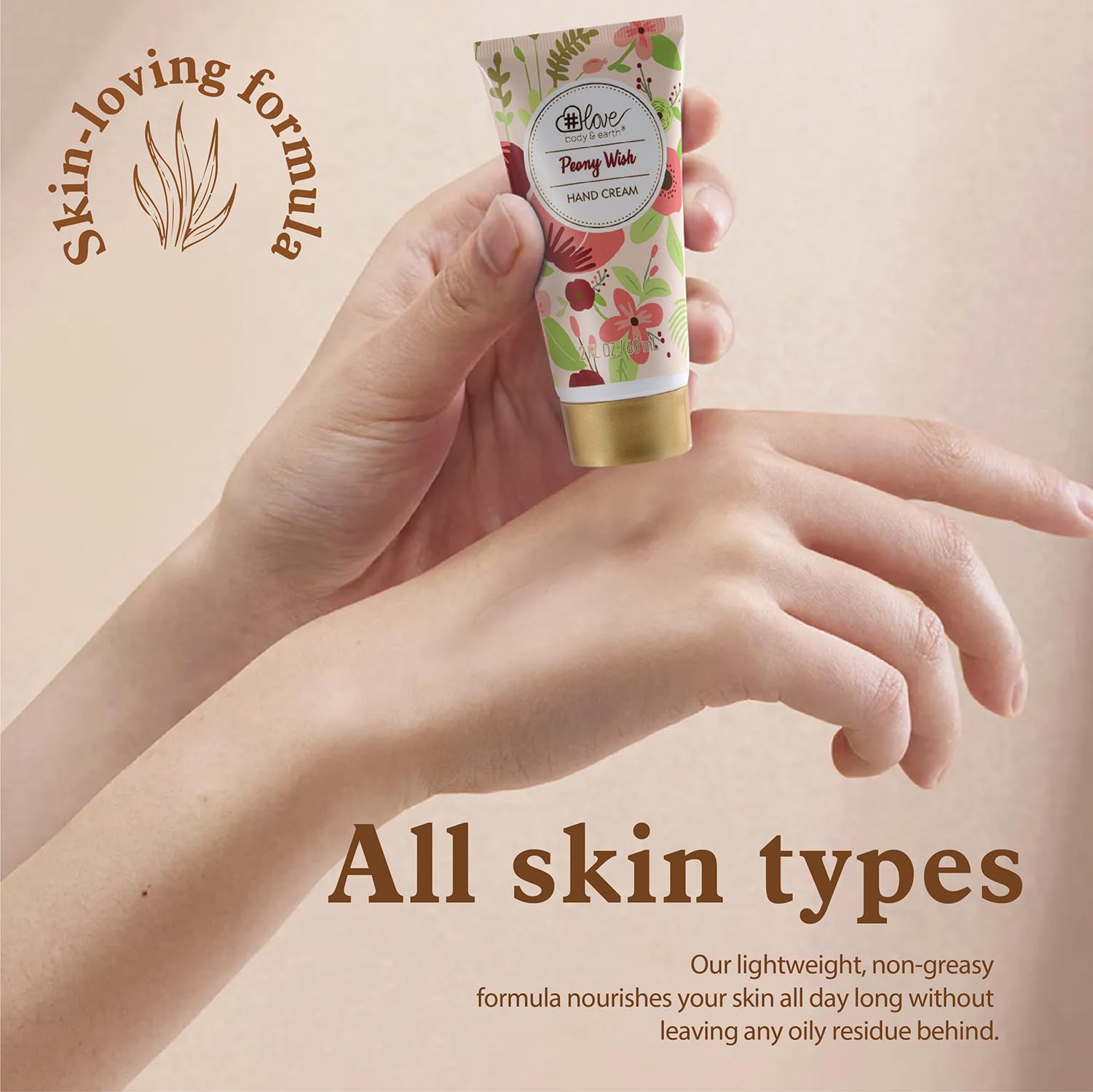 Crème mains Peony Wish BODY & EARTH # LOVE, absorption rapide et agréable.