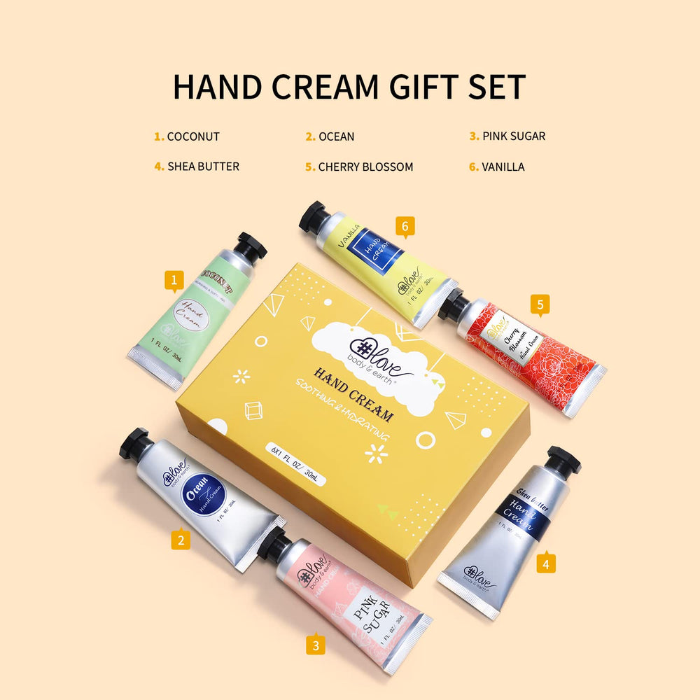 Coffret BODY & EARTH # LOVE de six crèmes mains, cadeau idéal pour elle.