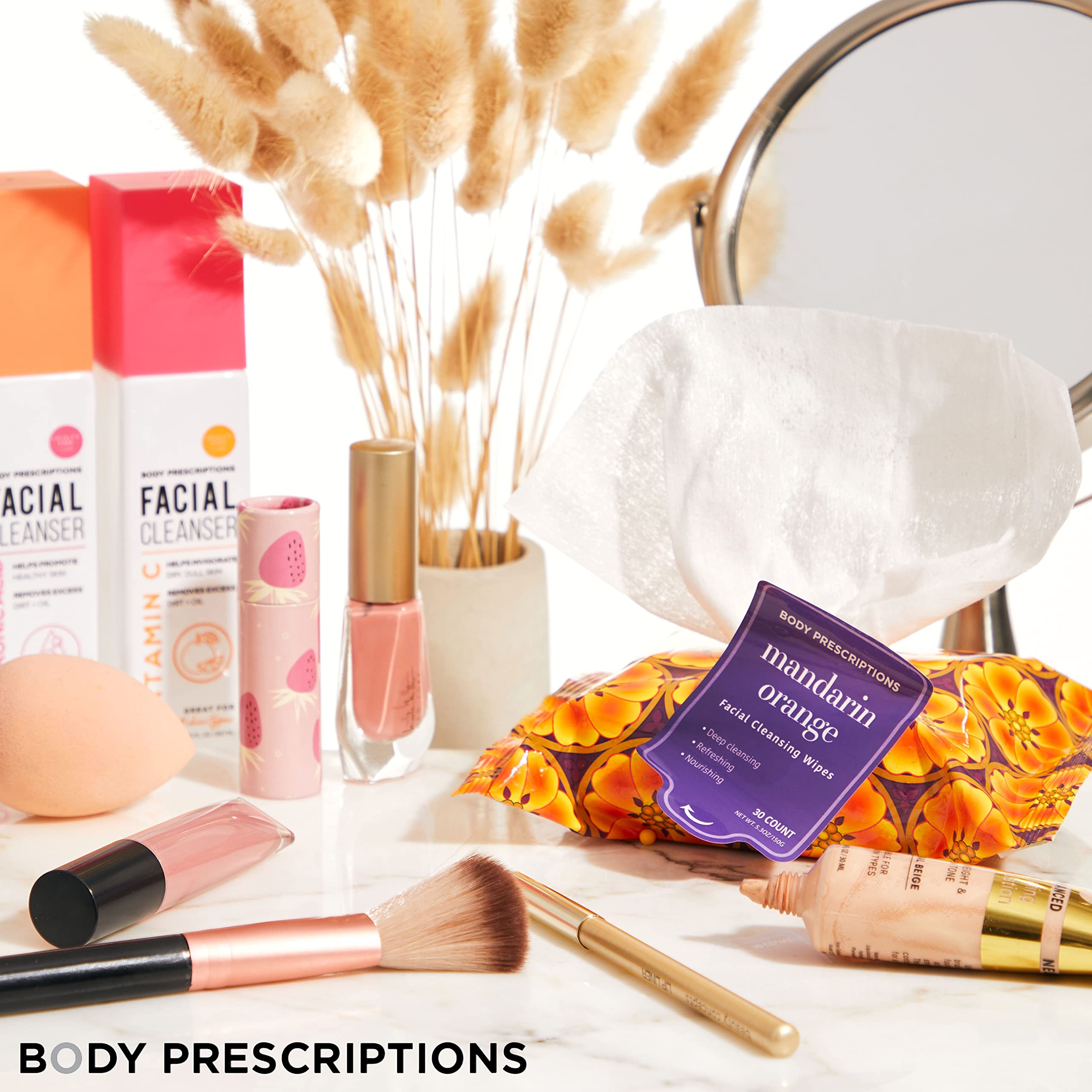 Lot de quatre paquets Body Prescriptions, lingettes robustes et pratiques pour voyage.
