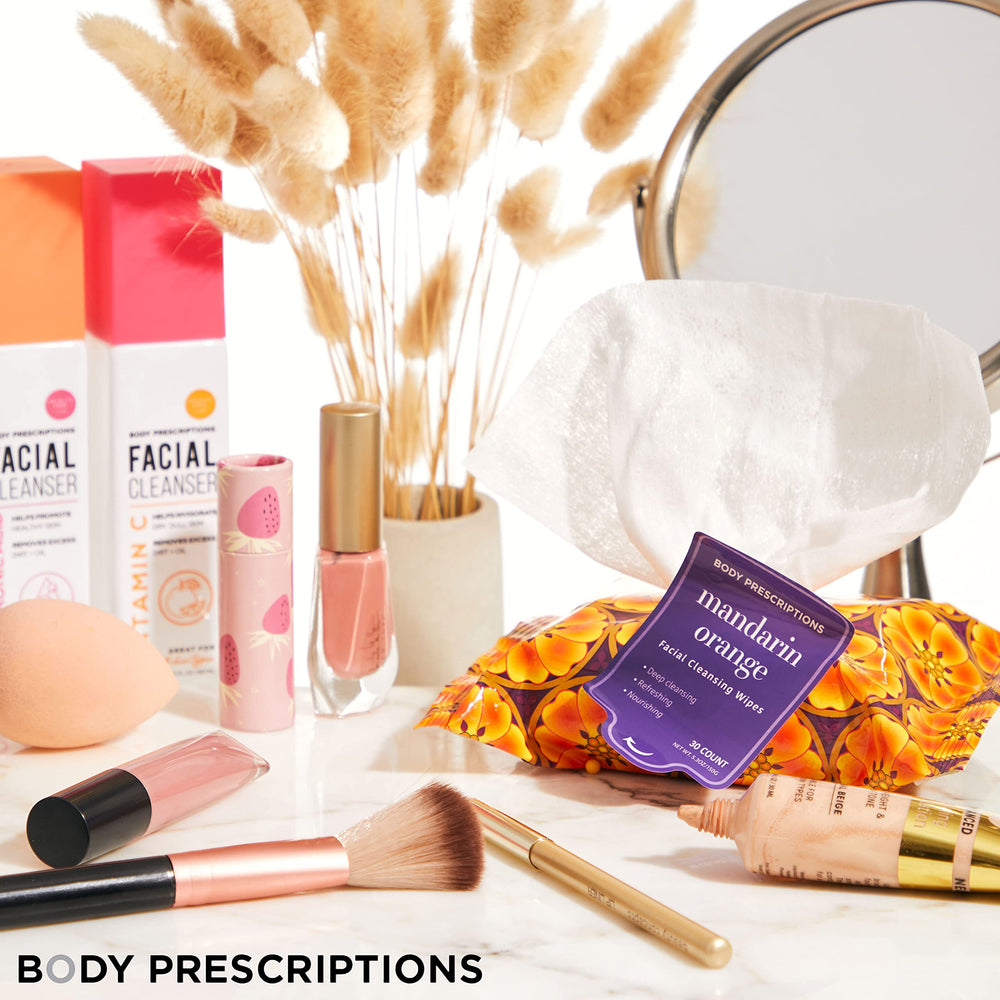 Lot de quatre paquets Body Prescriptions, lingettes robustes et pratiques pour voyage.