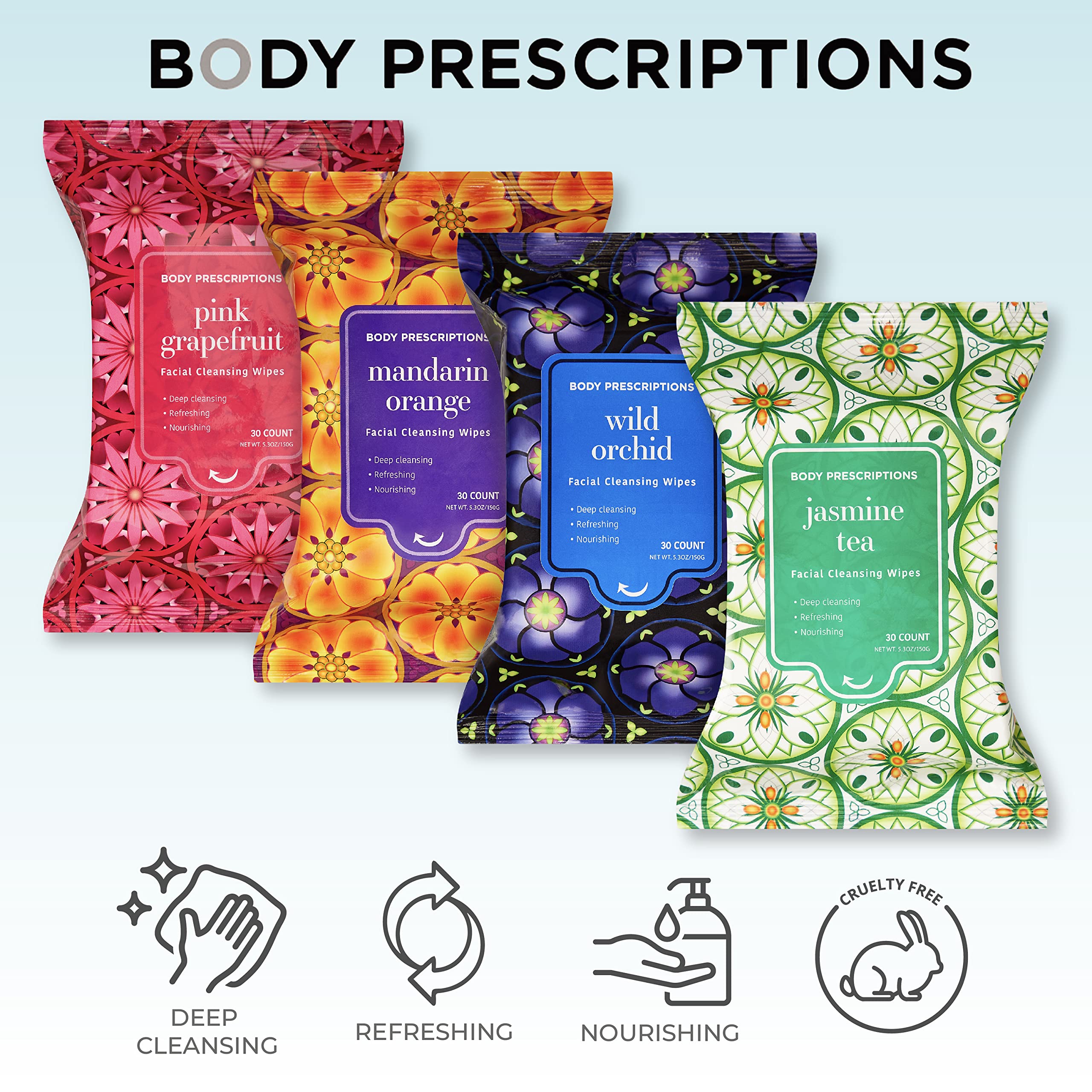 Lingettes thé jasmin Body Prescriptions, aroma subtile pour démaquillage efficace.