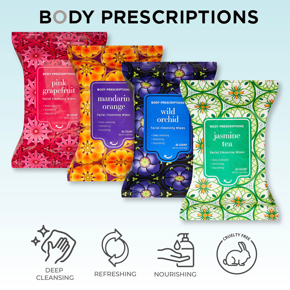 Lingettes thé jasmin Body Prescriptions, aroma subtile pour démaquillage efficace.
