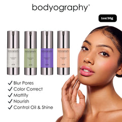 Bodyography apprêt-controle-brillance réduit les brillances et offre un fini net.