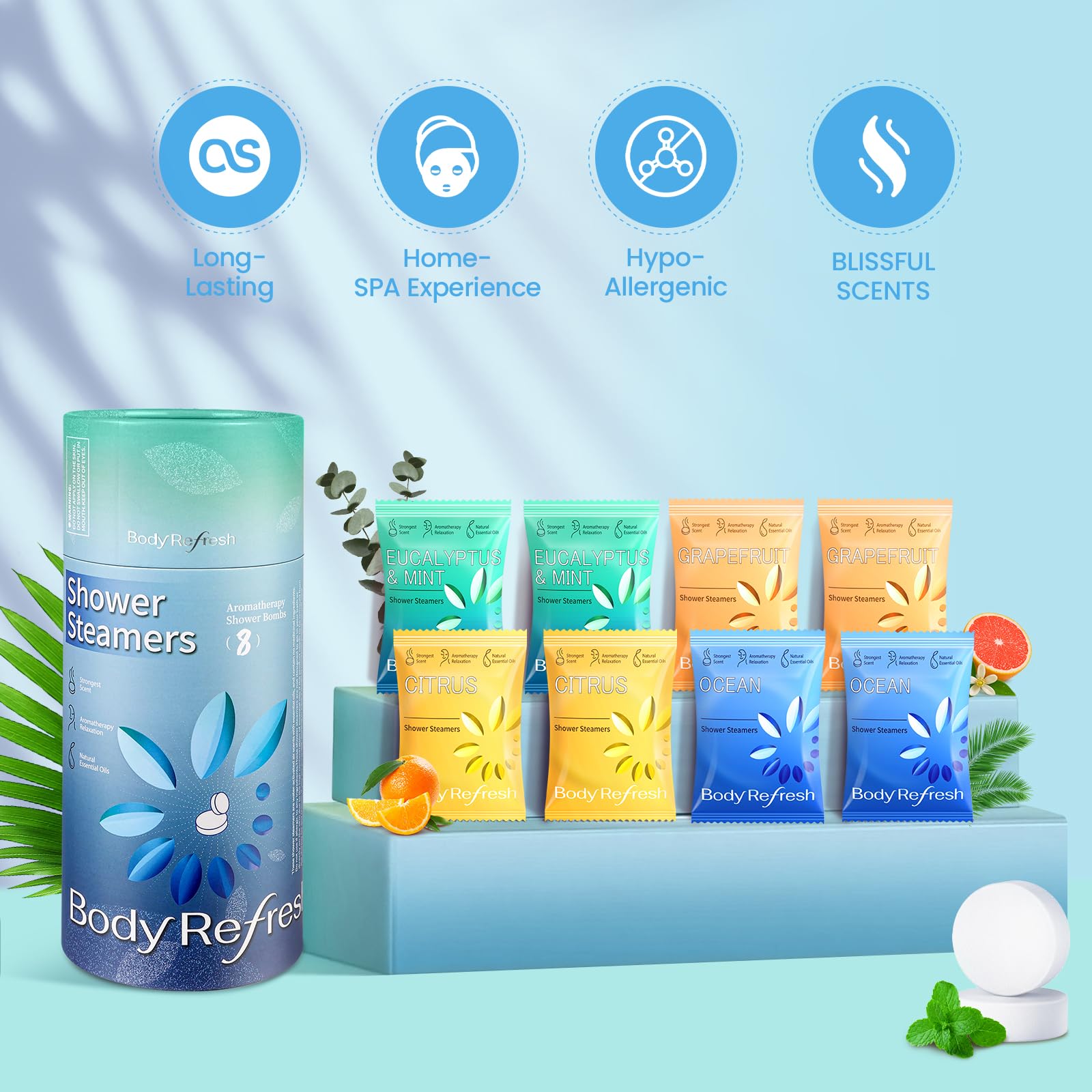 BodyRefresh steamers eucalyptus-menthe pour énergie fraîche après la douche.